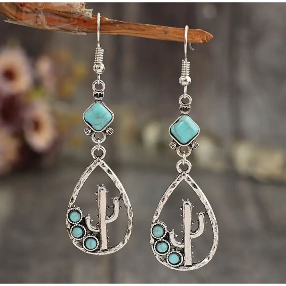 Western Vintage Inspired Teardrop Cactus Earrings Turquoise Boho Hippie Cowgirl